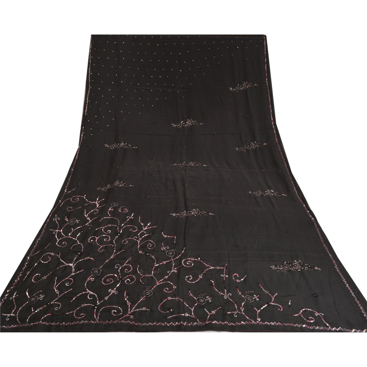 Sanskriti Vintage Sarees Black Hand Beaded Pure Crepe Silk Sari 5yd Craft Sustainable Fabric