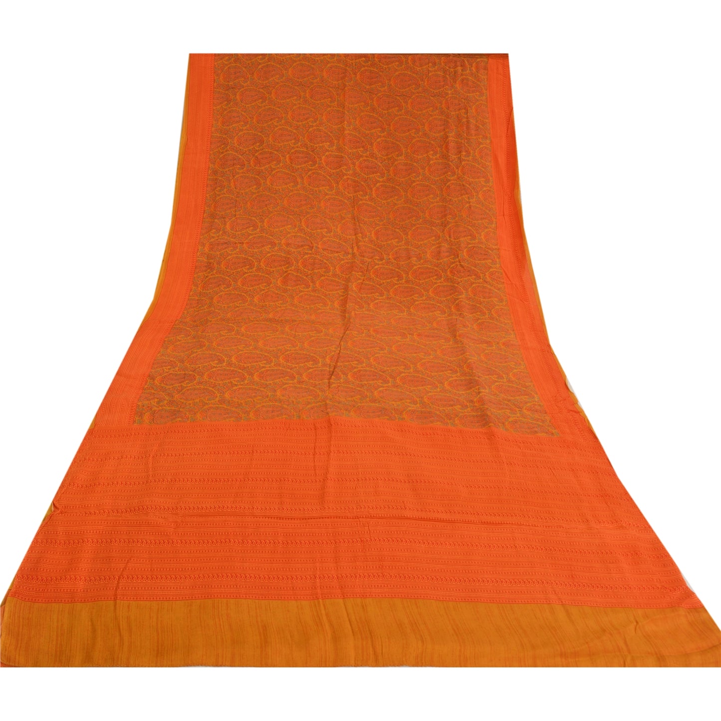 Sanskriti Vintage Sarees Orange Pure Crepe Silk Printed Sari Floral Craft Sustainable Fabric