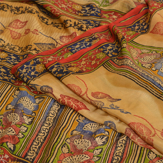 Sanskriti Vintage Sarees Rød & Beige Håndperlede Sari Ren Crepe Silke Print Bæredygtigt Stof