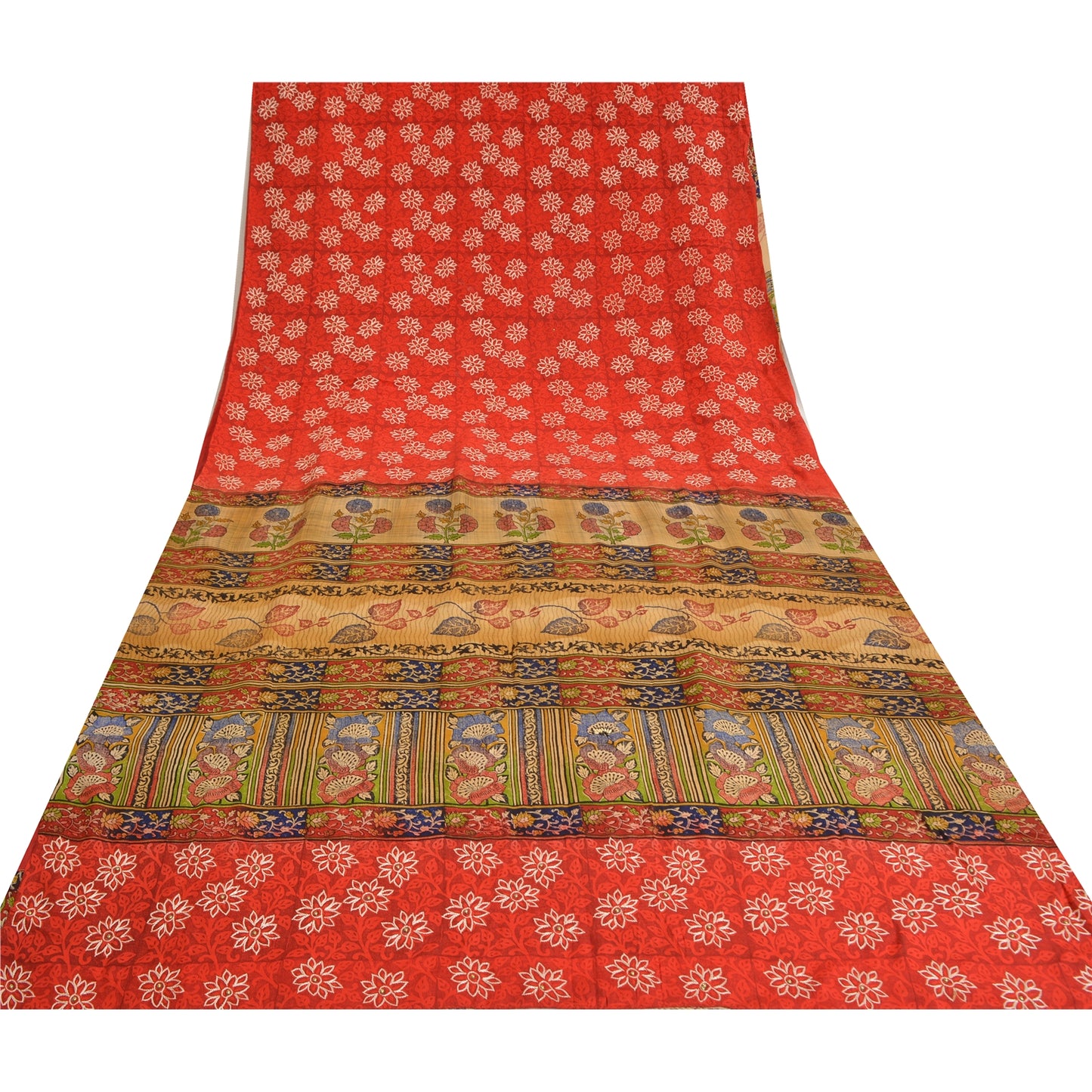 Sanskriti Vintage Sarees Rød & Beige Håndperlede Sari Ren Crepe Silke Print Bæredygtigt Stof