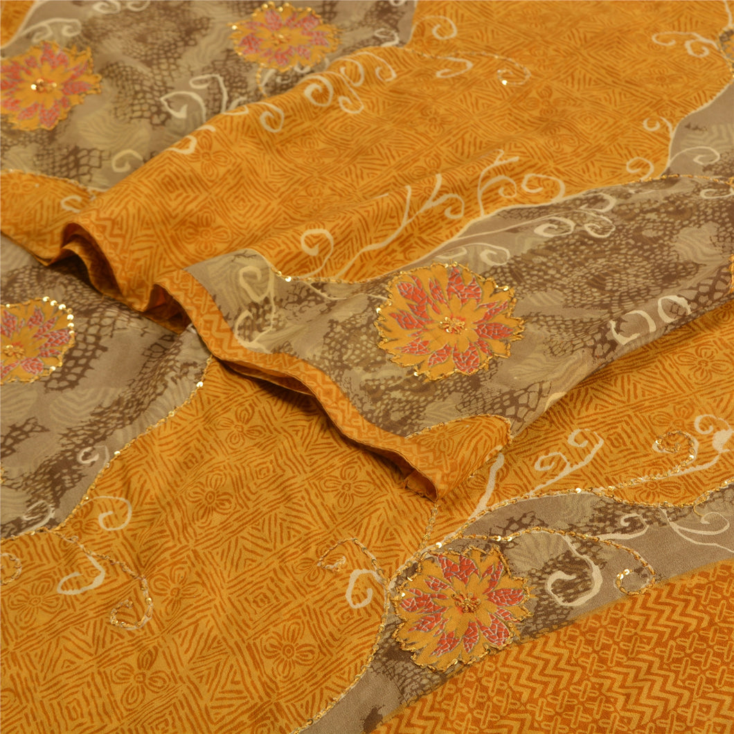 Sanskriti Vintage Saffron Sarees Pure Crepe Silk Printed Sari Craft 5 YD Fabric