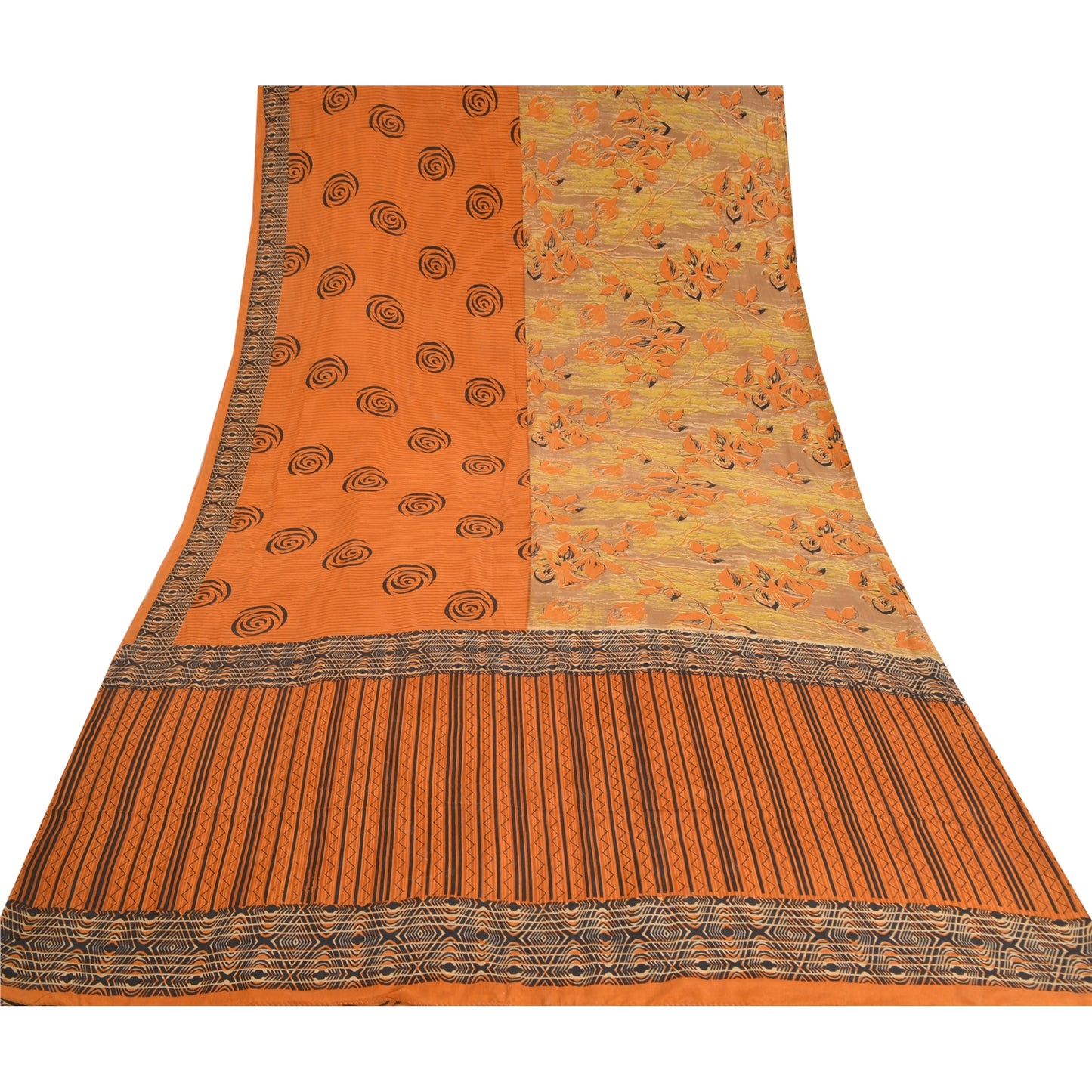 Sanskriti Vintage Saffron/Brown Sarees Pure Crepe Silk Printed Sari Craft Sustainable Fabric