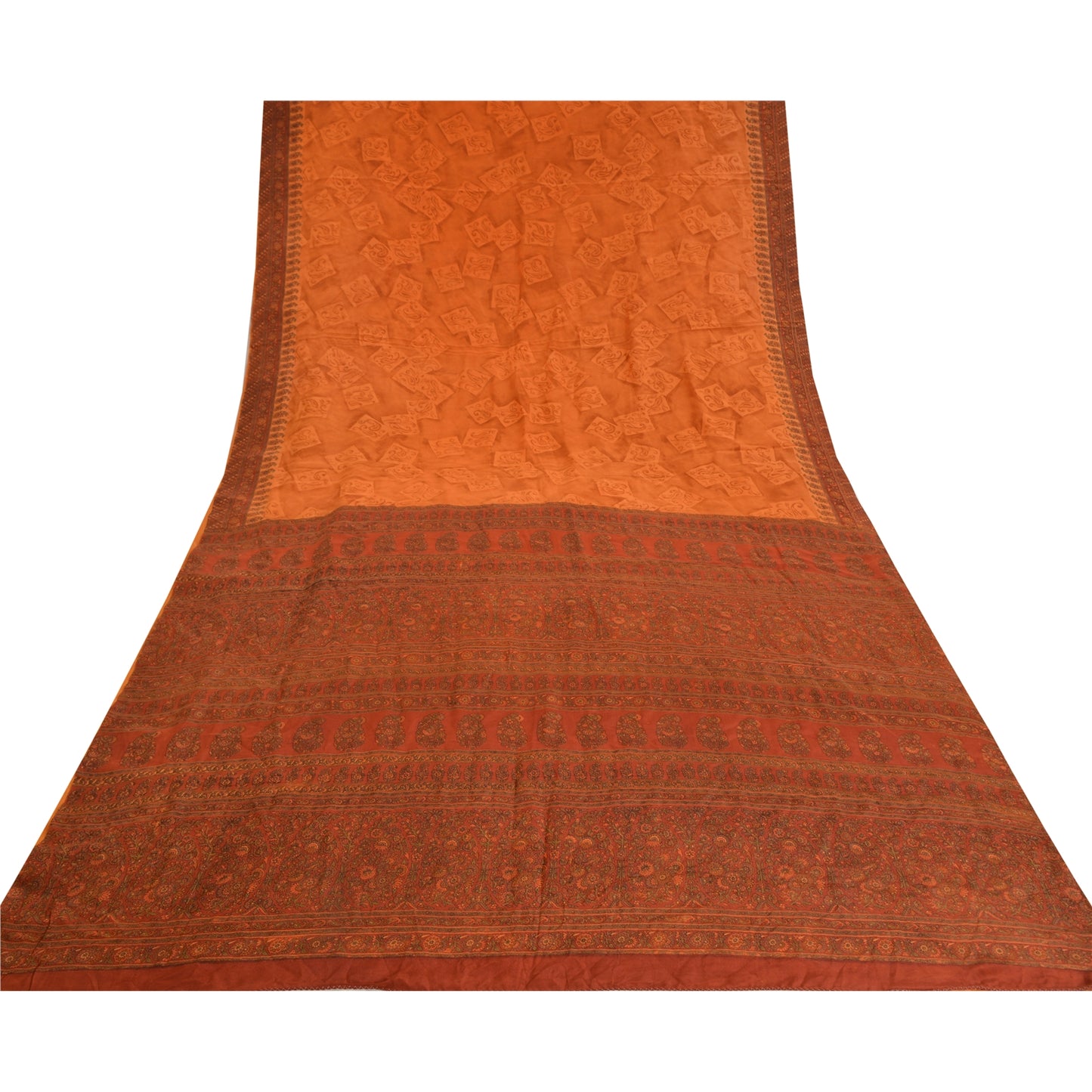 Sanskriti Vintage Sarees Saffron/Orange Pure Crepe Silk Print Sari Craft Sustainable Fabric