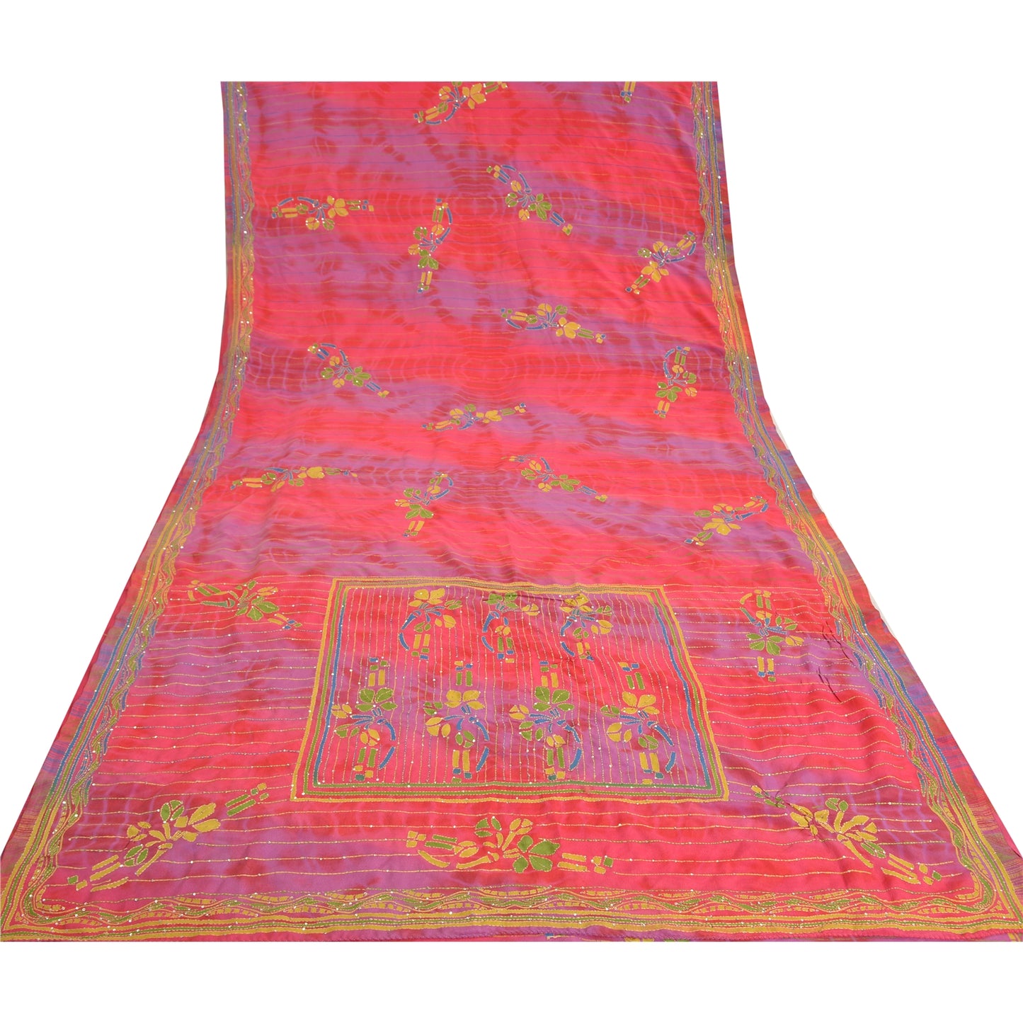 Sanskriti Vintage Sarees Pink Hand Beaded Kantha Print Crepe Sari Craft Sustainable Fabric