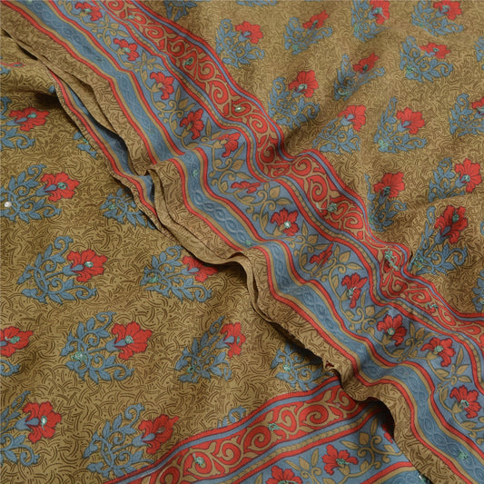 Sanskriti Vintage Sarees Green Hand Beaded Pure Crepe Silk Sari 5yd Craft Sustainable Fabric