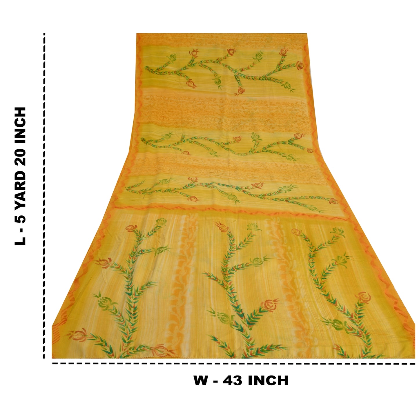 Sanskriti Vintage Sarees Yellow/Green Pure Crepe Silk Printed Sari Craft Sustainable Fabric
