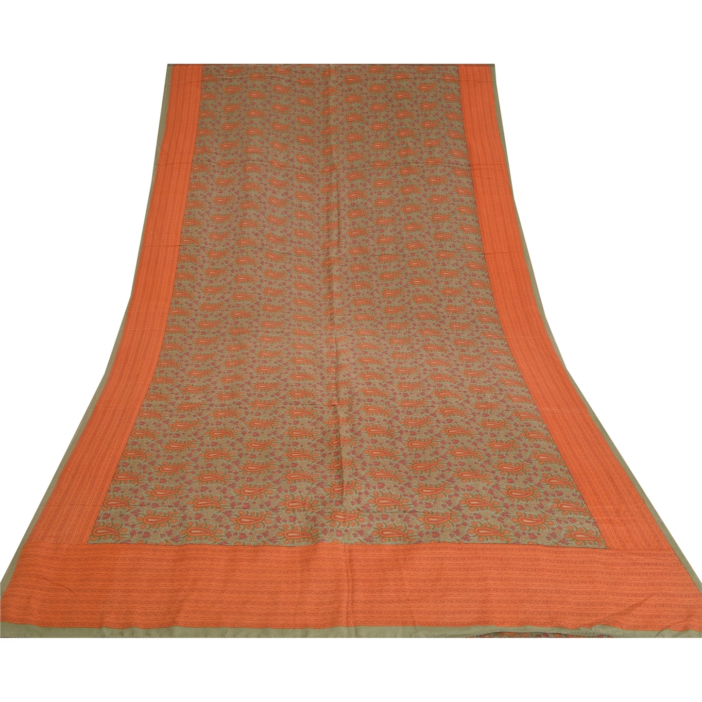 Sanskriti Vintage Sarees Green/Orange Pure Crepe Silk Printed Sari Craft Sustainable Fabric