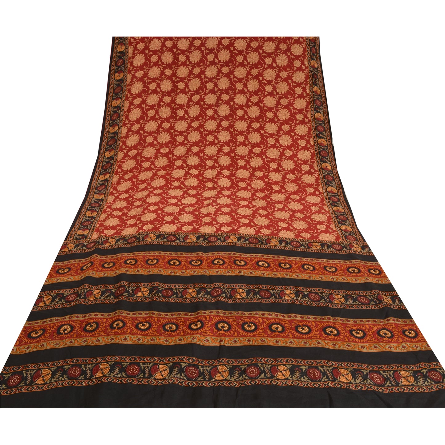 Sanskriti Vintage Sarees Red/Black Pure Crepe Silk Printed Sari 5yd Craft Sustainable Fabric