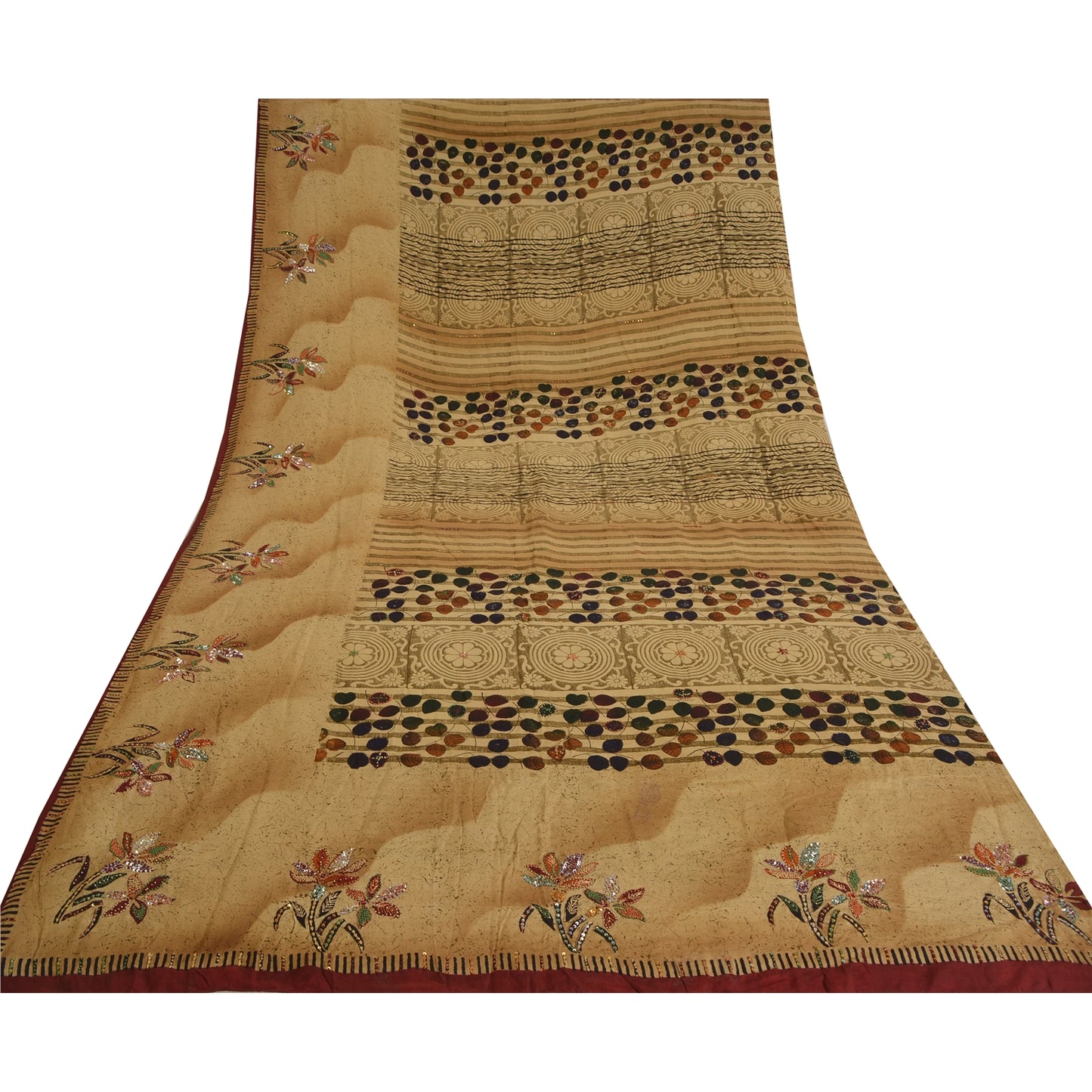 Sanskriti Vintage Sarees Cream Hand Beaded Pure Crepe Silk Printed Sari Sustainable Fabric