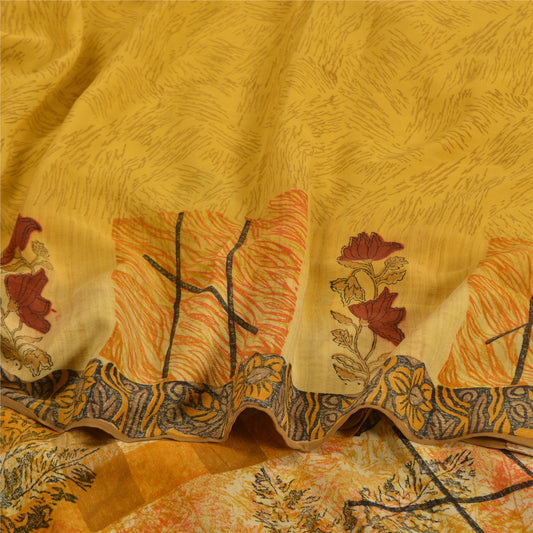 Sanskriti Vintage Canary Yellow Sarees Pure Crepe Silk Printed Sari Craft Sustainable Fabric