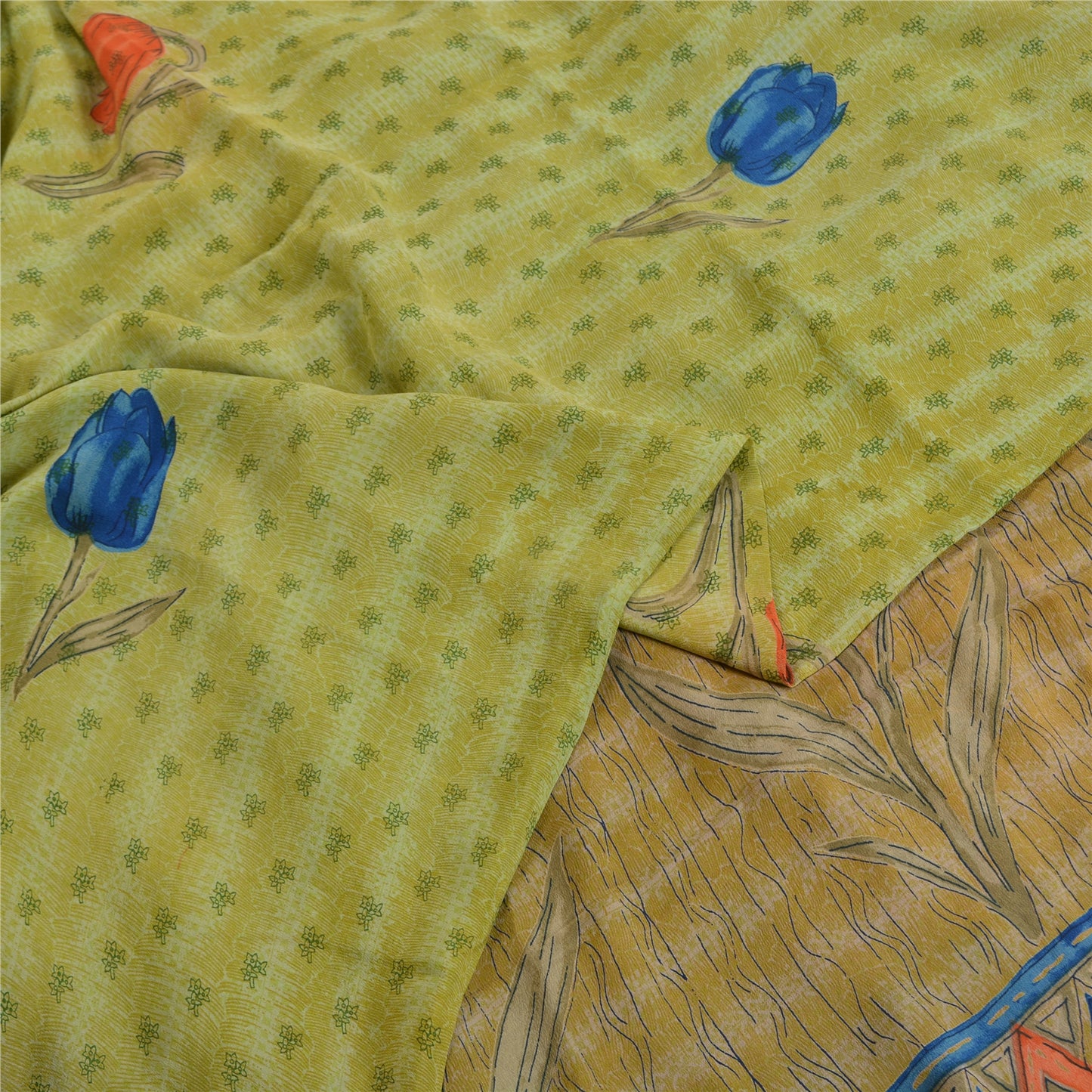 Sanskriti Vintage Sarees Indian Green Pure Crepe Silk Printed Sari Craft Sustainable Fabric