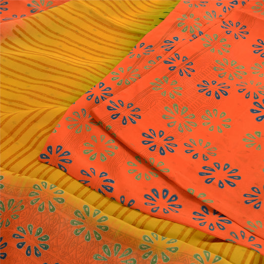 Sanskriti Vintage Sarees Orange Hand Block Printed Pure Crepe Silk Sari Sustainable Fabric