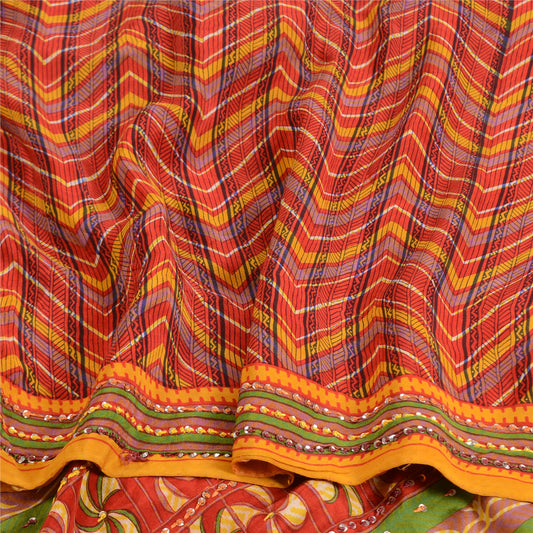 Sanskriti Vintage Sarees Red Hand Beaded Printed Pure Crepe Sari Craft Sustainable Fabric