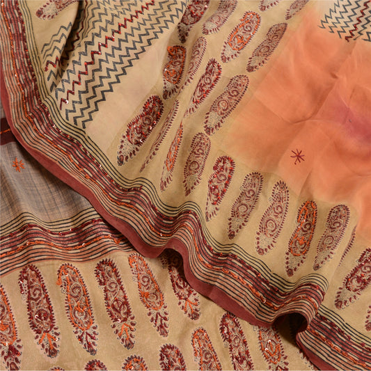 Sanskriti Vintage Sarees Pale-Cream Hand Bead Print Pure Crepe Sari 5yd Sustainable Fabric