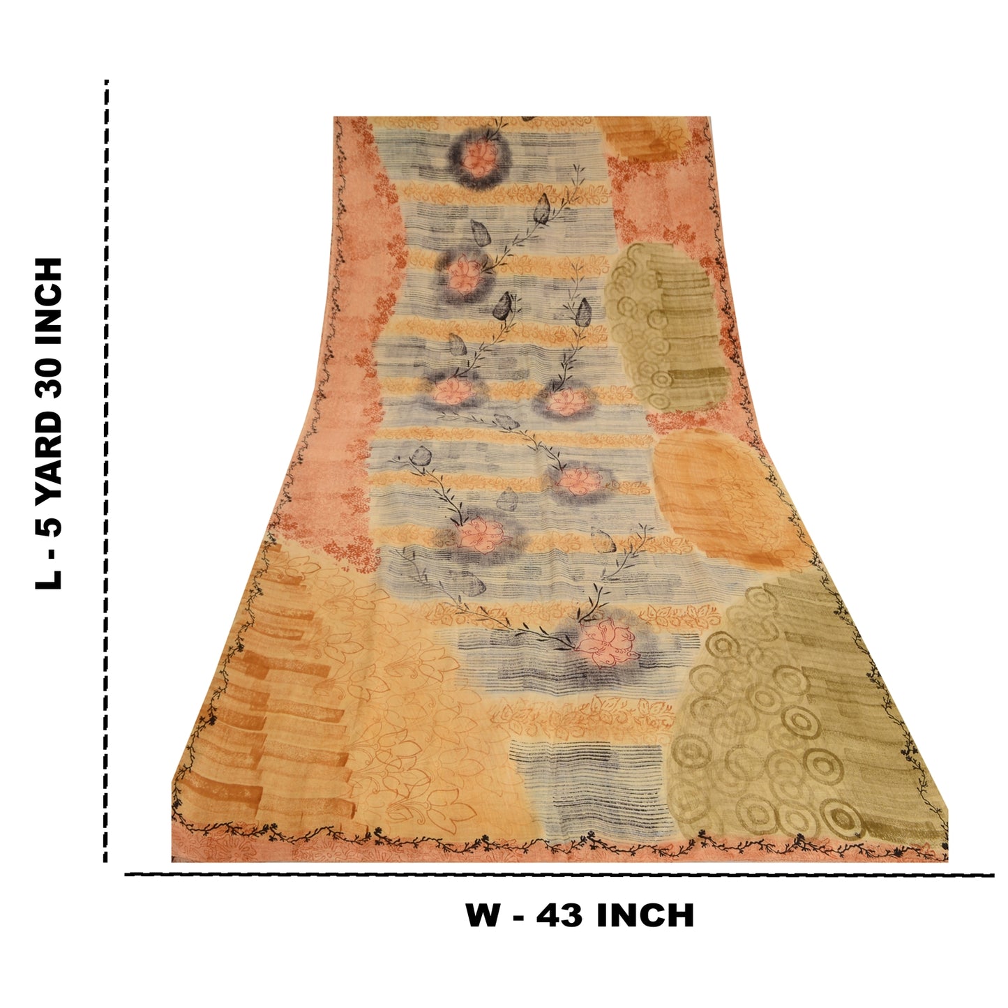 Sanskriti Vintage Sarees Peach 100% Pure Crepe Silk Printed Sari Craft Sustainable Fabric