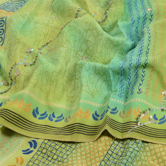 Sanskriti Vintage Sarees Green Hand Bead Pure Crepe Silk Print Sari Craft Sustainable Fabric