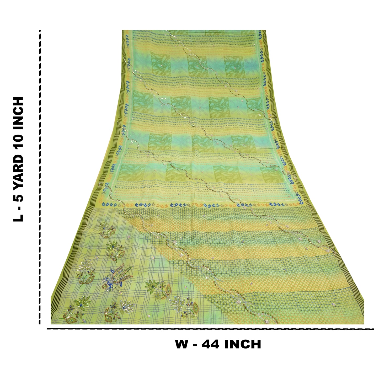 Sanskriti Vintage Sarees Green Hand Bead Pure Crepe Silk Print Sari Craft Sustainable Fabric