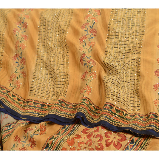 Sanskriti Vintage Sarees Peach HandBead Kantha Pure Crepe Silk Sari Craft Sustainable Fabric