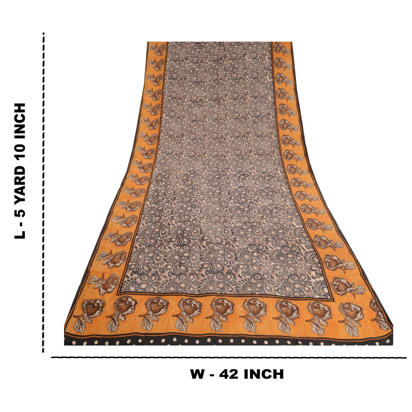 Sanskriti Vintage Sarees Black/Orange Pure Crepe Silk Printed Sari Craft Sustainable Fabric