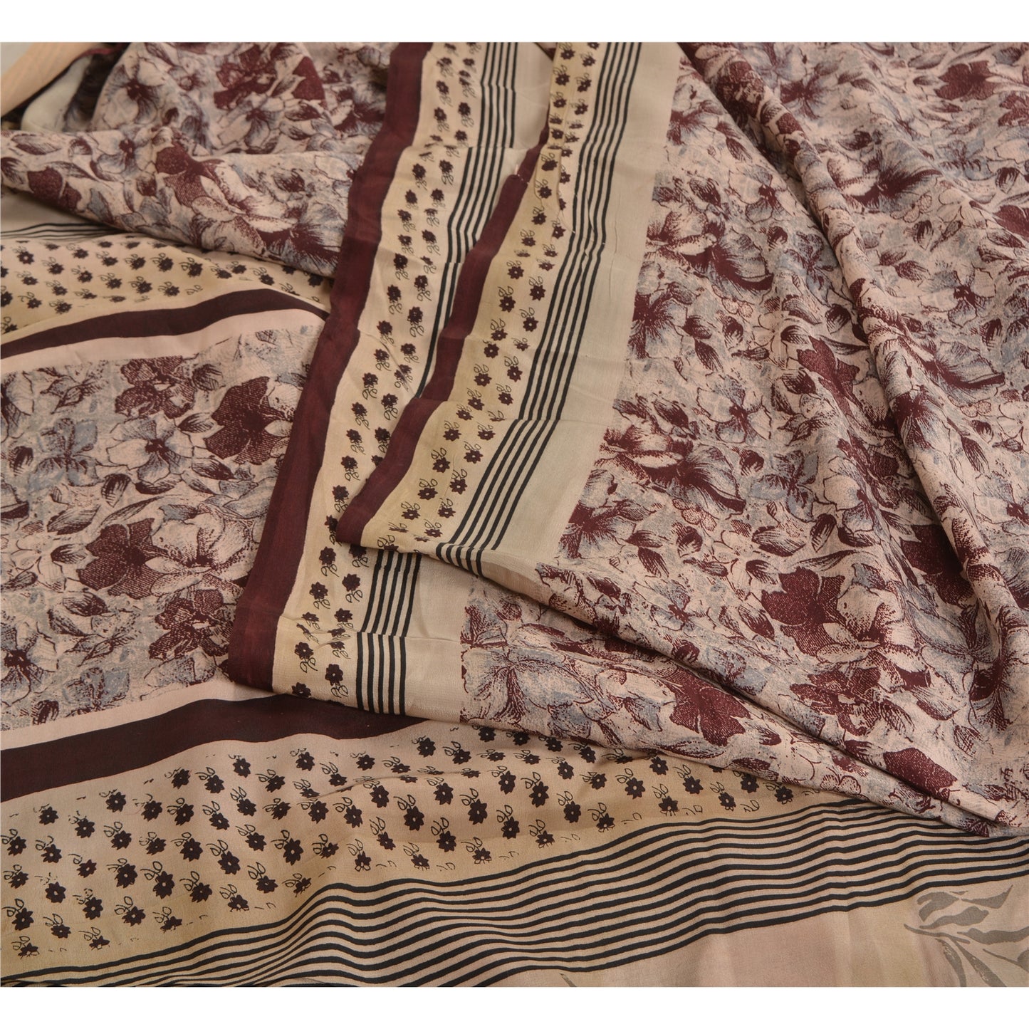 Санскритские винтажные сари цвета слоновой кости/вина, чистый крепированный шелк, напечатанный на сари, ремесло, устойчивая ткань