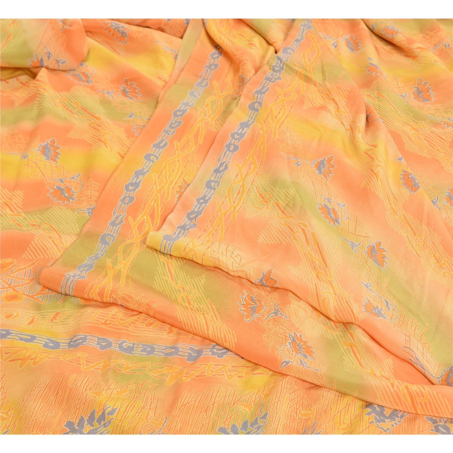 Sanskriti Vintage Sarees Indian Orange Printed Pure Crepe Silk Sari Craft Sustainable Fabric