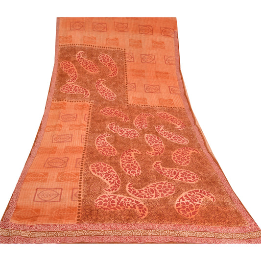 Sanskriti Vintage Sarees Peach Pure Crepe Silk Block Printed Sari Craft Sustainable Fabric
