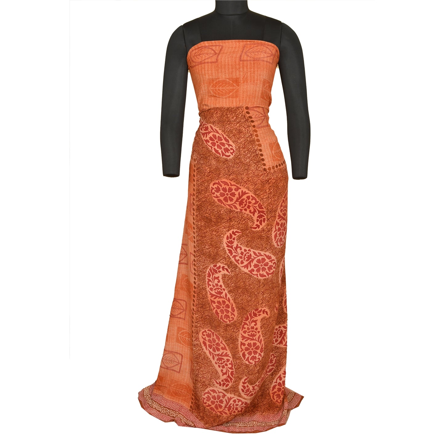 Sanskriti Vintage Sarees Peach Pure Crepe Silk Block Printed Sari Craft Sustainable Fabric