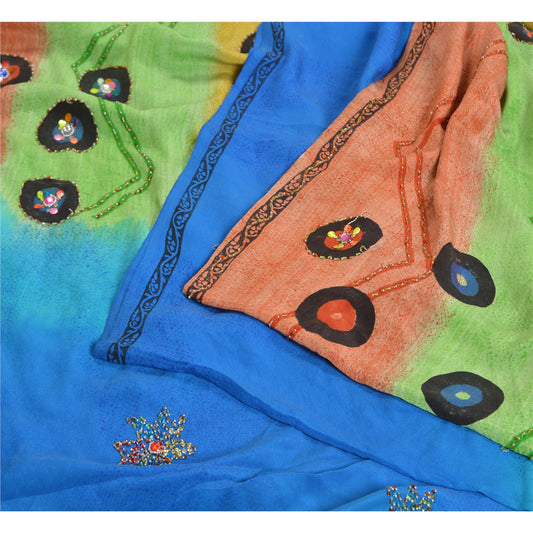 Sanskriti Vintage Sarees Hand Beaded Pure Crepe Silk Sari Printed Craft Sustainable Fabric