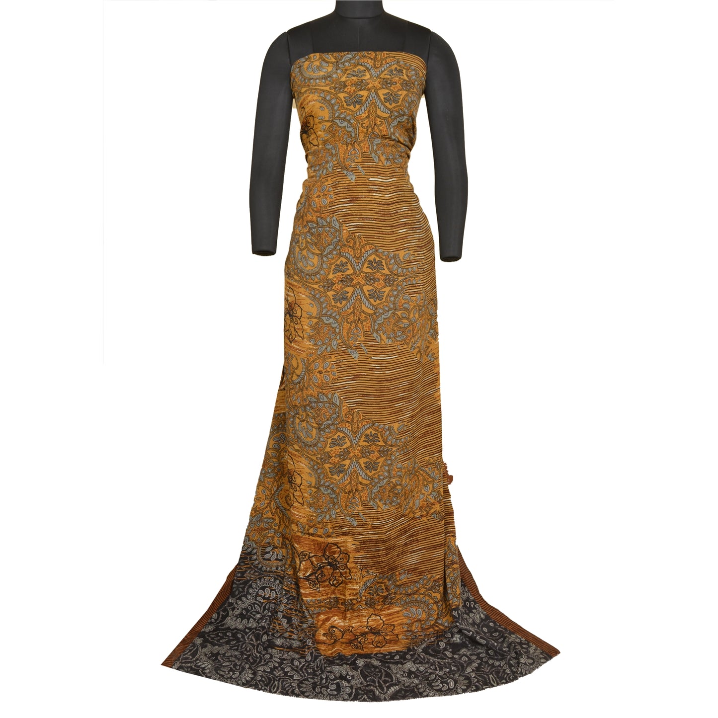 Sanskriti Vintage Sarees Yellow Pure Crepe Silk Printed Sari Soft Craft Sustainable Fabric