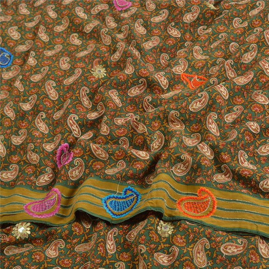 Sanskriti Vintage Sarees Green Embroidered Pure Crepe Silk Printed Sari Sustainable Fabric