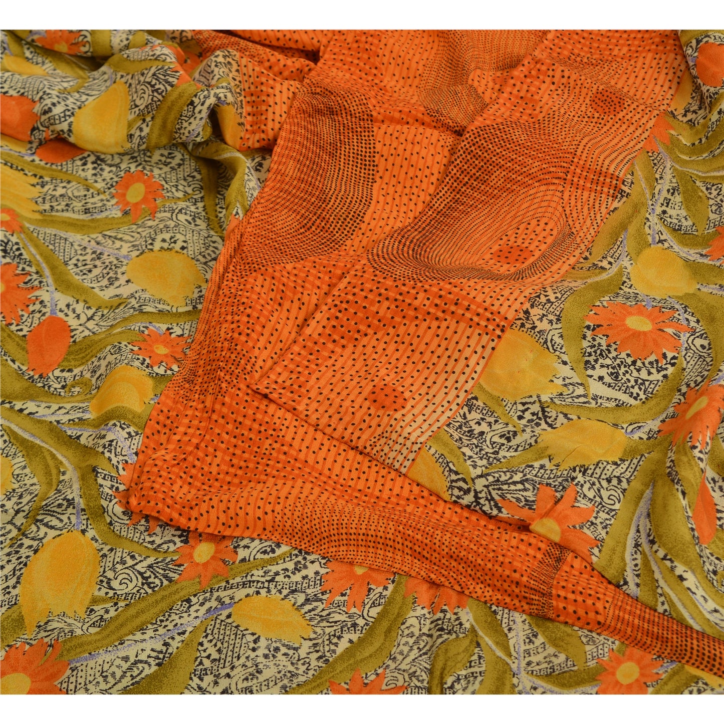 Sanskriti Vintage Sarees Orange/Green Pure Crepe Silk Printed Sari Craft Sustainable Fabric
