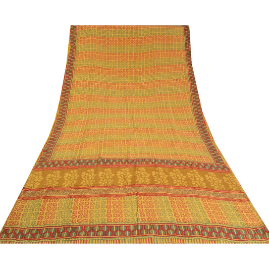 Sanskriti Vintage Sarees Gul Ren Crepe Silke Trykt Sari Blødt Håndværk Bæredygtigt Stof