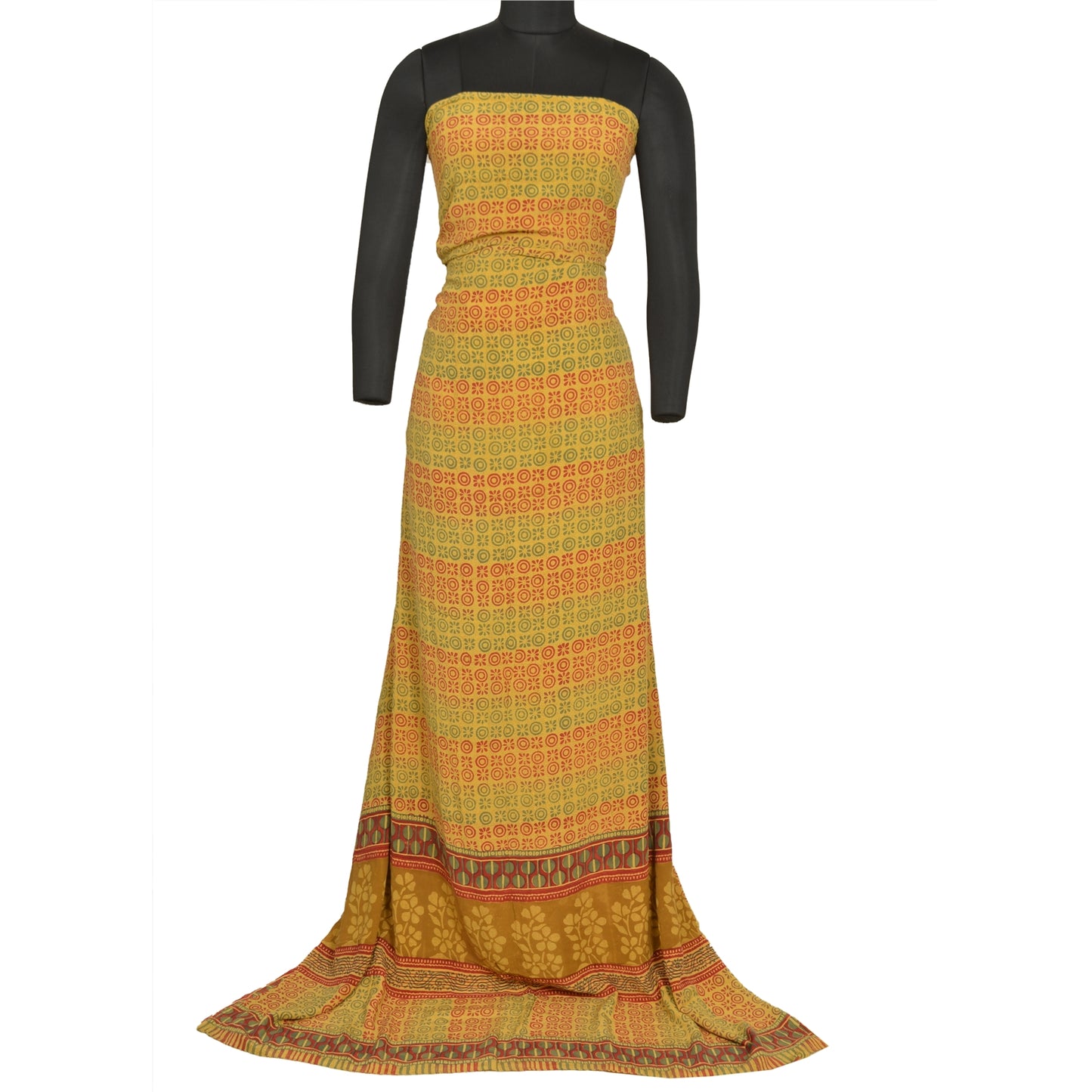 Sanskriti Vintage Sarees Yellow Pure Crepe Silk Printed Sari Soft Craft Sustainable Fabric