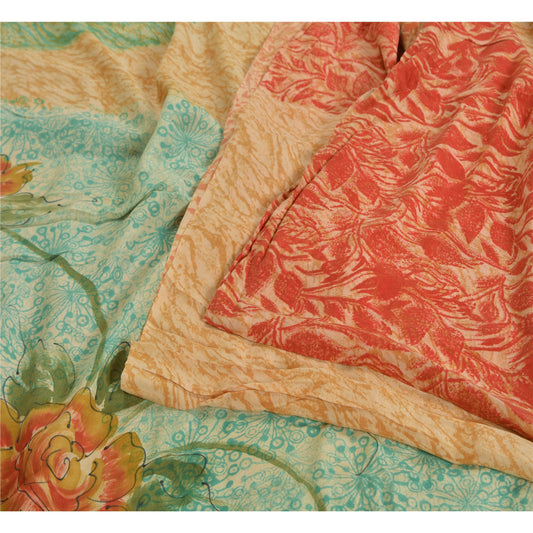 Sanskriti Vintage Sarees Multi Pure Crepe Silk Printed Sari Soft Craft Sustainable Fabric