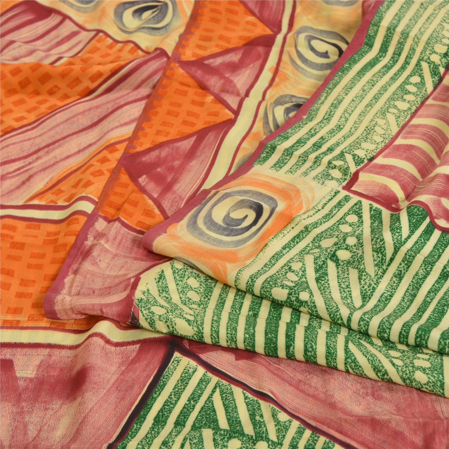 Sanskriti Vintage Sarees Green 100% Pure Crepe Silk Printed Sari Craft Sustainable Fabric