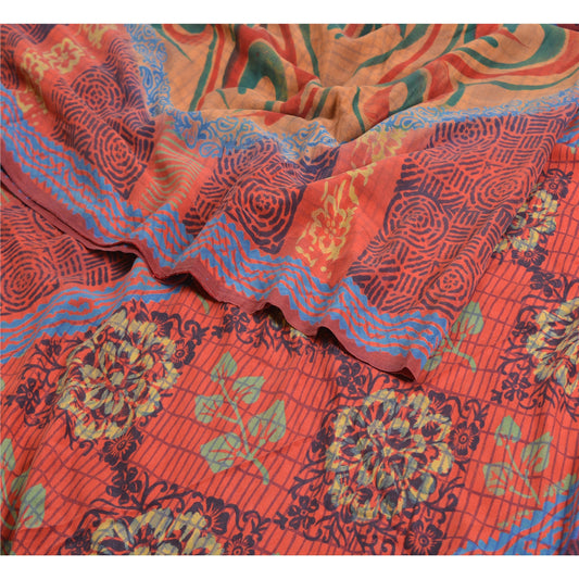 Sanskriti Vintage Sarees Indian Red Pure Crepe Silk Printed Sari Craft Sustainable Fabric
