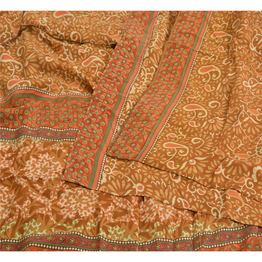 Sanskriti Vintage Sarees Indian Brown Pure Crepe Silk Printed Sari Craft Sustainable Fabric
