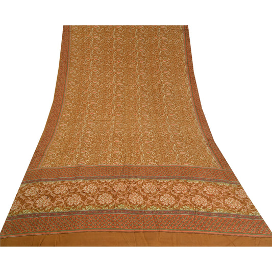 Sanskriti Vintage Sarees Indian Brown Pure Crepe Silk Printed Sari Craft Sustainable Fabric