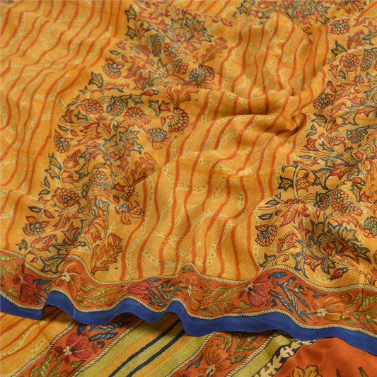 Sanskriti Vintage Sarees Saffron Indian Pure Crepe Silk Print Sari Craft Sustainable Fabric