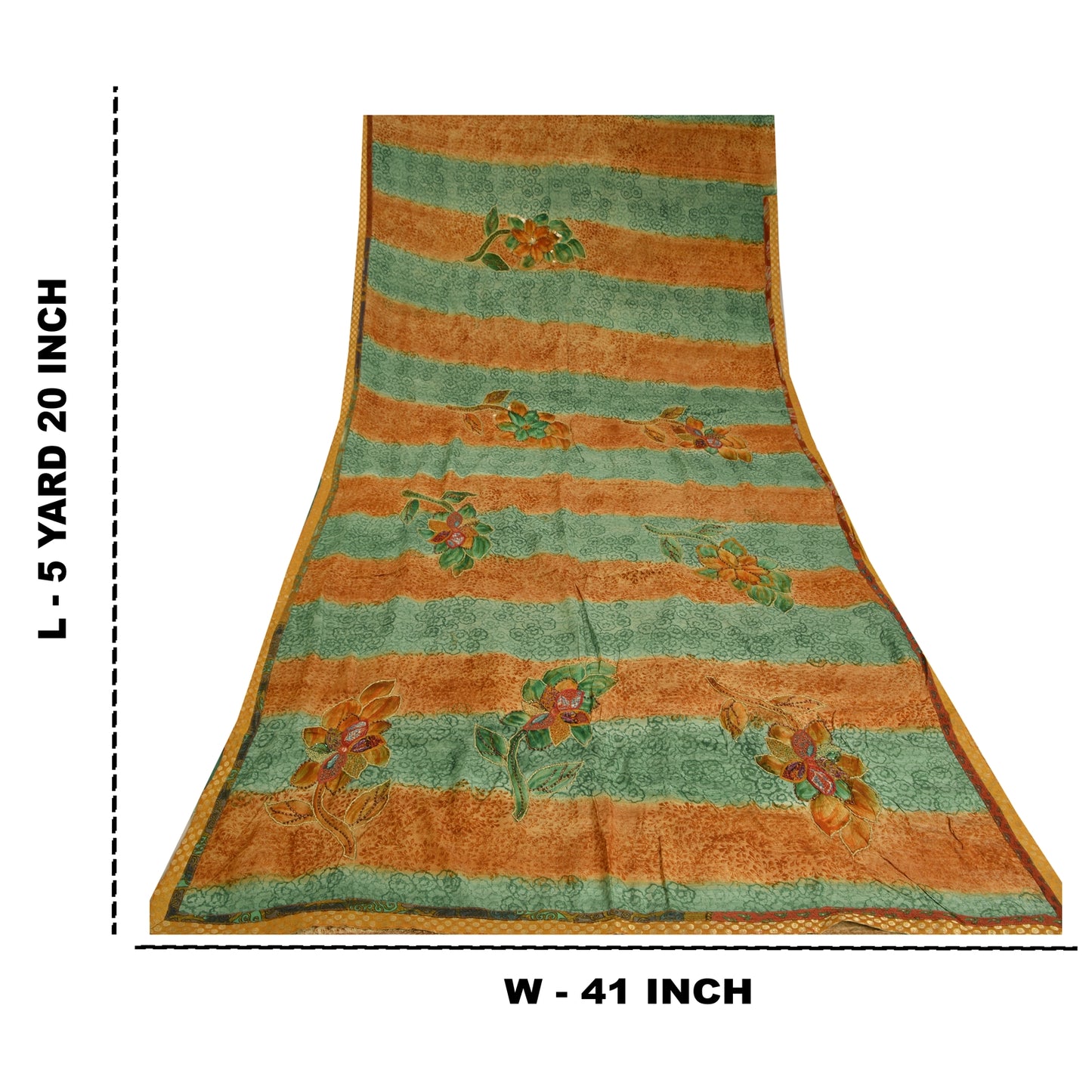 Sanskriti Vintage Sarees Green/Brown Hand Bead Print Pure Crepe Silk Sari Sustainable Fabric