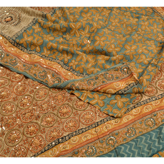 Sanskriti Vintage Sarees Hand Beaded Pure Crepe Silk Printed Sari Craft Sustainable Fabric