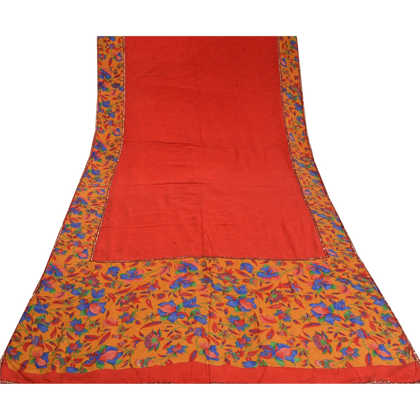 Sanskriti Vintage Sarees Red 100% Pure Crepe Silk Printed Sari Soft Craft Sustainable Fabric