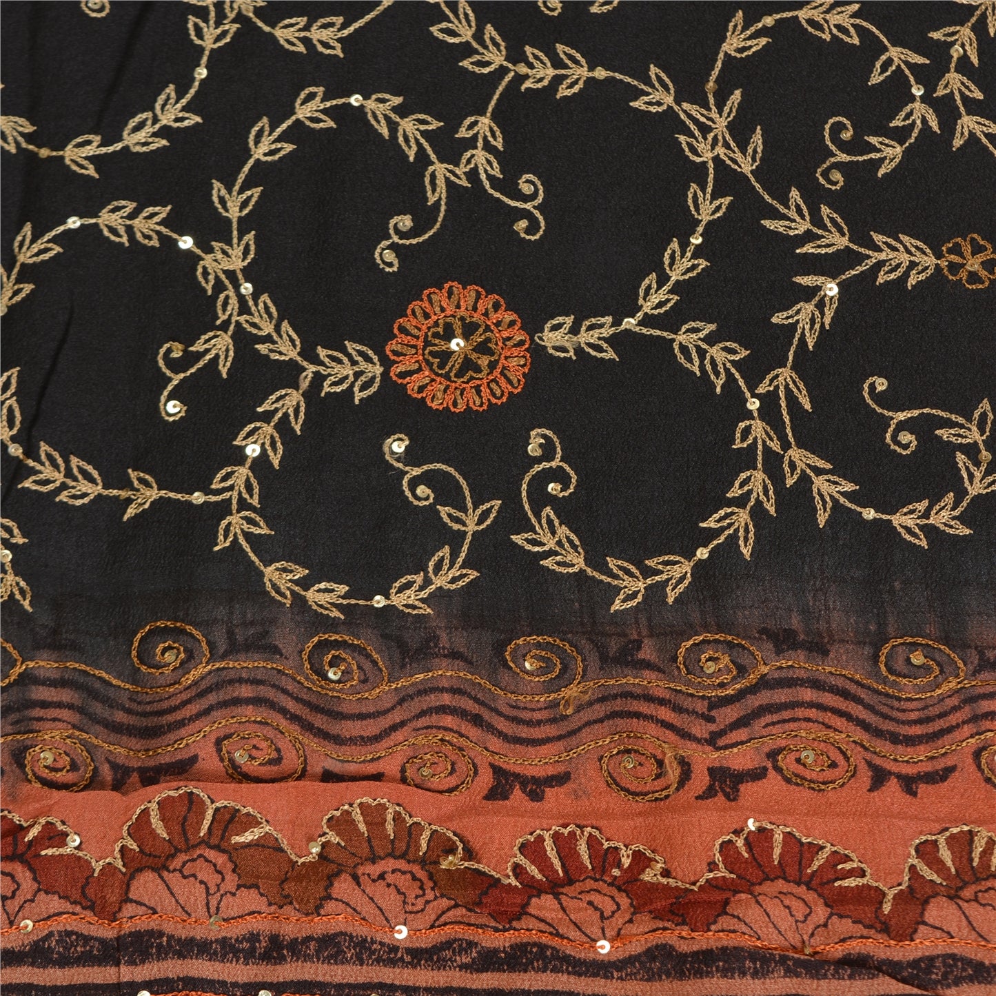 Sanskriti Vintage Sarees Hand Beaded Pure Crepe Silk Printed Sari Craft Sustainable Fabric