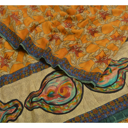 Sanskriti Vintage Sarees Safran Ren Crepe Silke Blomsterprint Sari Håndværk Bæredygtigt Stof