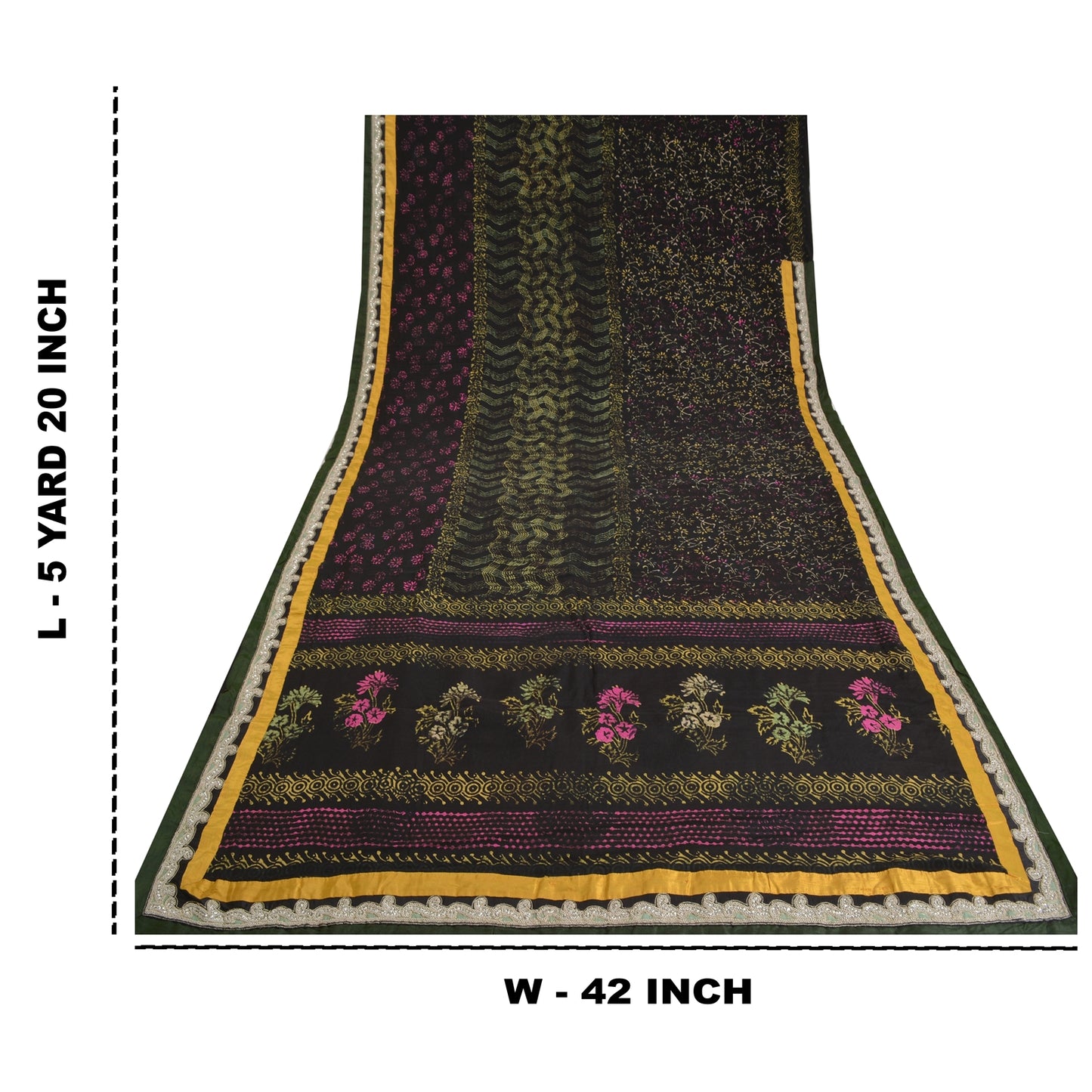 Sanskriti Vintage Sarees Black Hand Block Printed Pure Crepe Sari Craft Sustainable Fabric