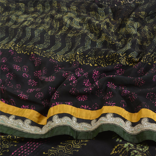 Sanskriti Vintage Sarees Black Hand Block Printed Pure Crepe Sari Craft Sustainable Fabric
