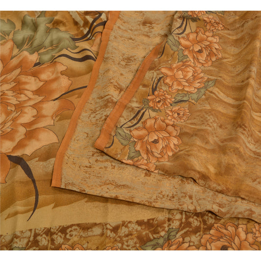 Sanskriti Vintage Sarees Brown 100% Pure Crepe Silk Printed Sari Craft Sustainable Fabric