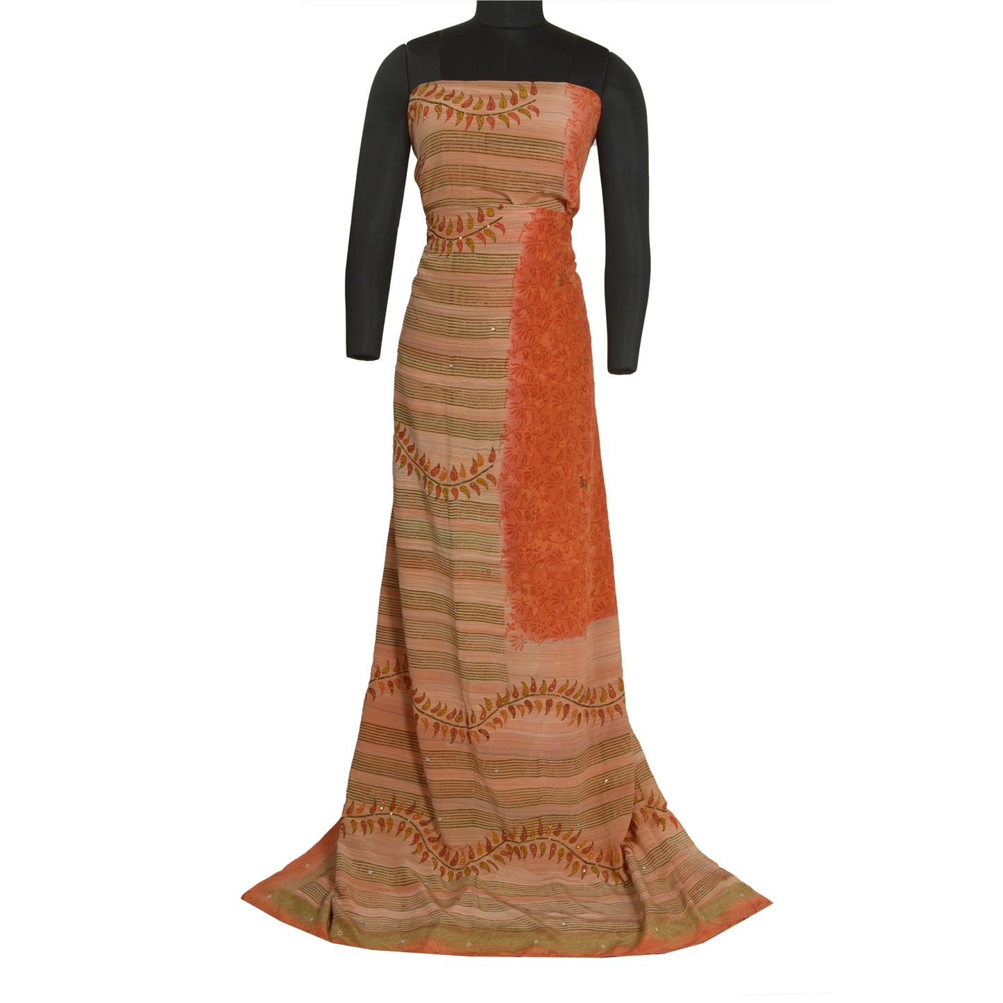 Sanskriti Vintage Sarees Peach Hand Beaded Pure Crepe Silk Printed Sari Sustainable Fabric