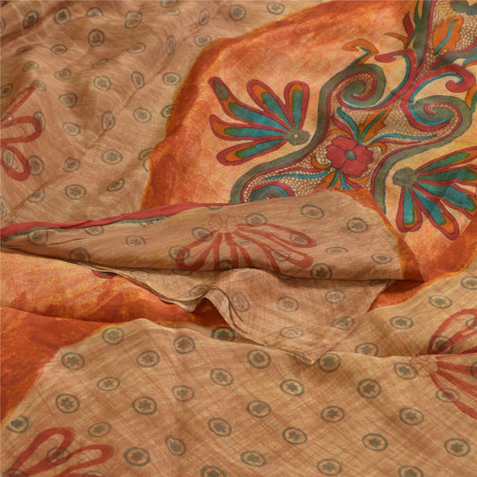 Sanskriti Vintage Sarees Brown 100% Pure Crepe Silk Printed Sari Craft Sustainable Fabric