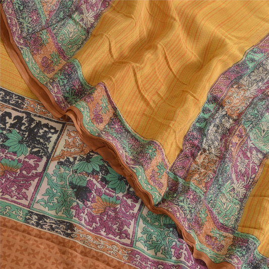 Sanskriti Vintage Sarees Mustard 100% Pure Crepe Silk Printed Sari Craft Sustainable Fabric